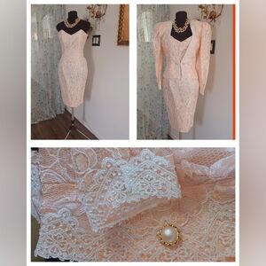 Vintage 80s Scott McClintock Dress W Matching Blazer Pink Lace Sweetheart Cut S